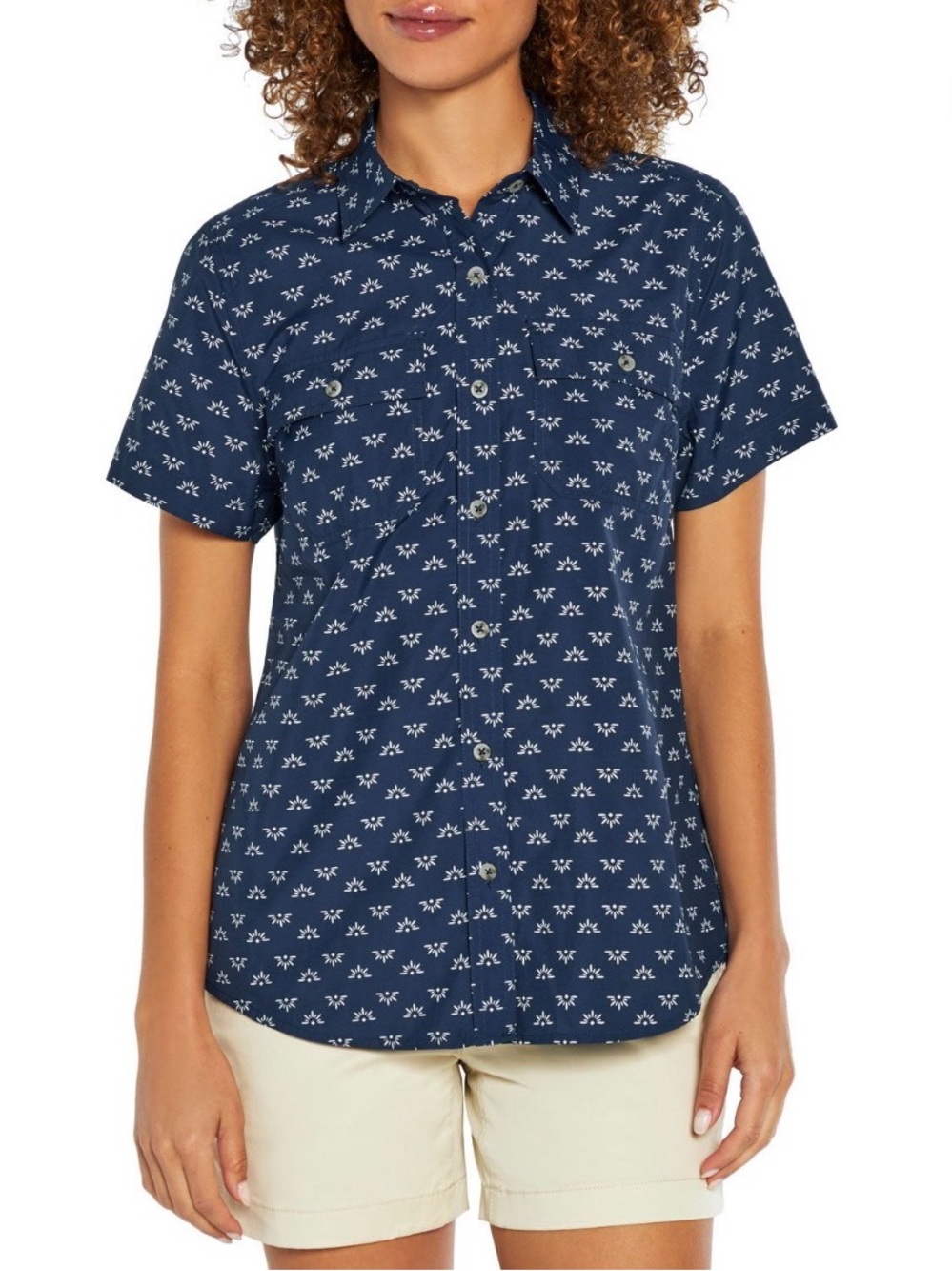 Eddie Bauer Navy Blue Short-Sleeve Button-Down with White Micro Pattern, Medium